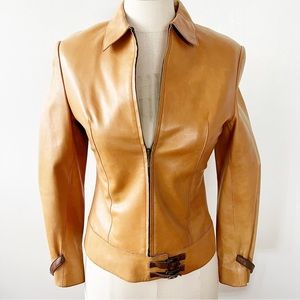 VINTAGE Women’s Tan Color Fitted Leather Jacket XS